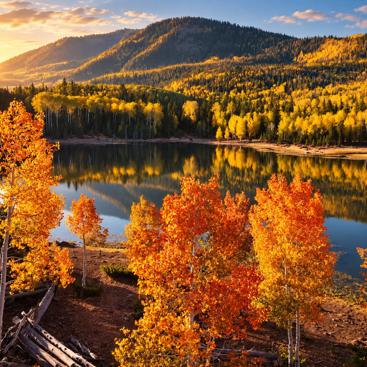 Autumn trees beside a quiet mountain lake